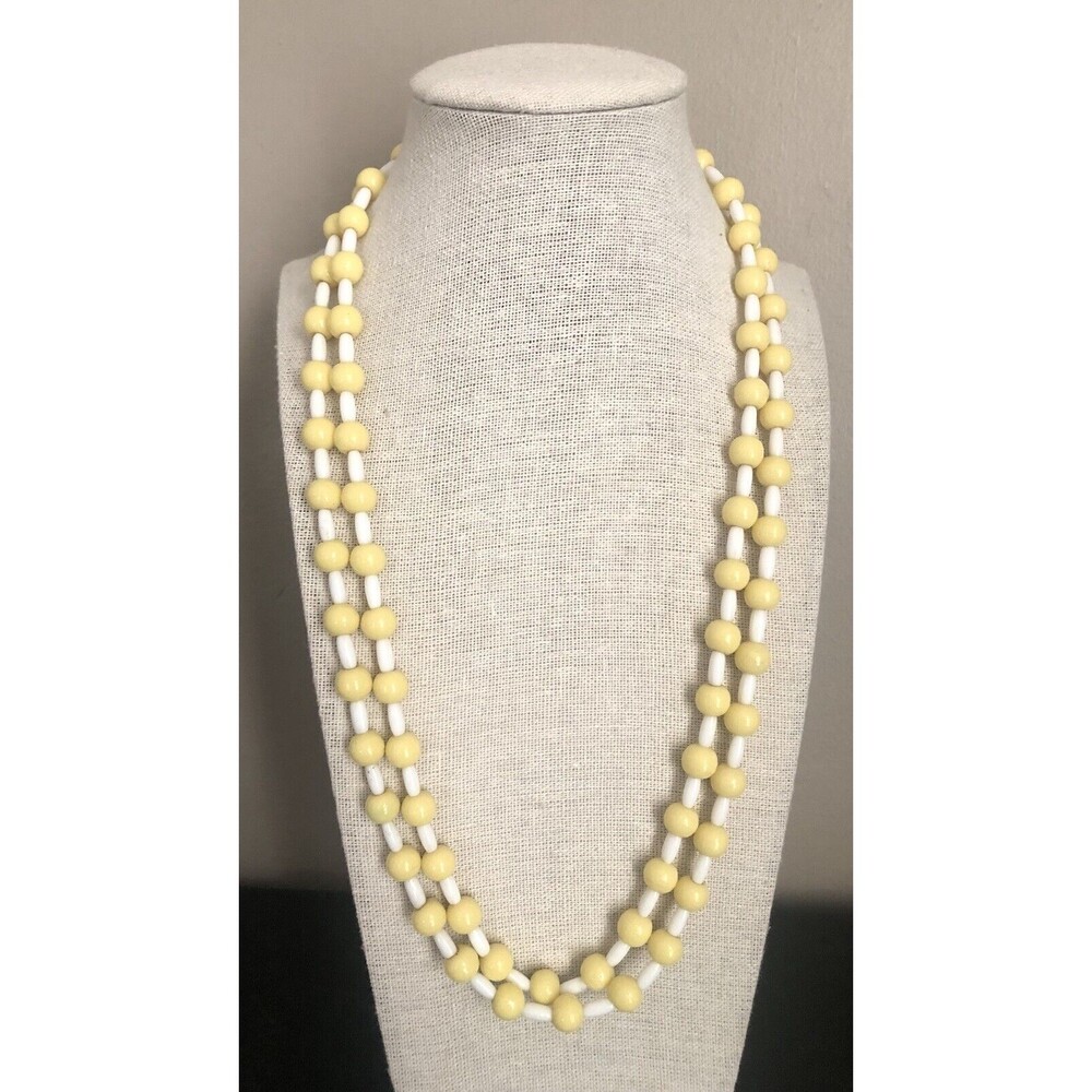 Vintage Yellow & White Glass Bead Long Necklace~ 48 Inches